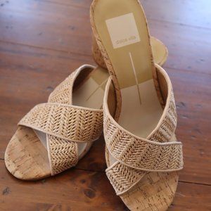 Dolce Vita Janay Woven Raffia Sandals Round Chunky Cork Heel Size 8